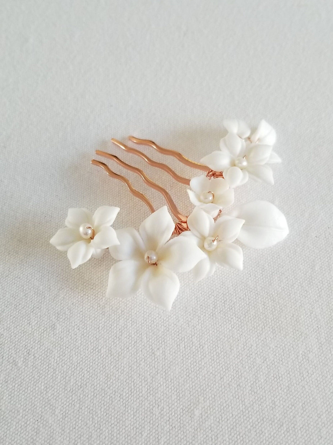 Bridal Hair Comb Porcelain Flowers, Small Floral Wedding Hair Comb, Clay Flower Bridal Hair Comb - Porcelain Flowers, Freshwater Pearls, Metal Comb, Wire, Seed Beads