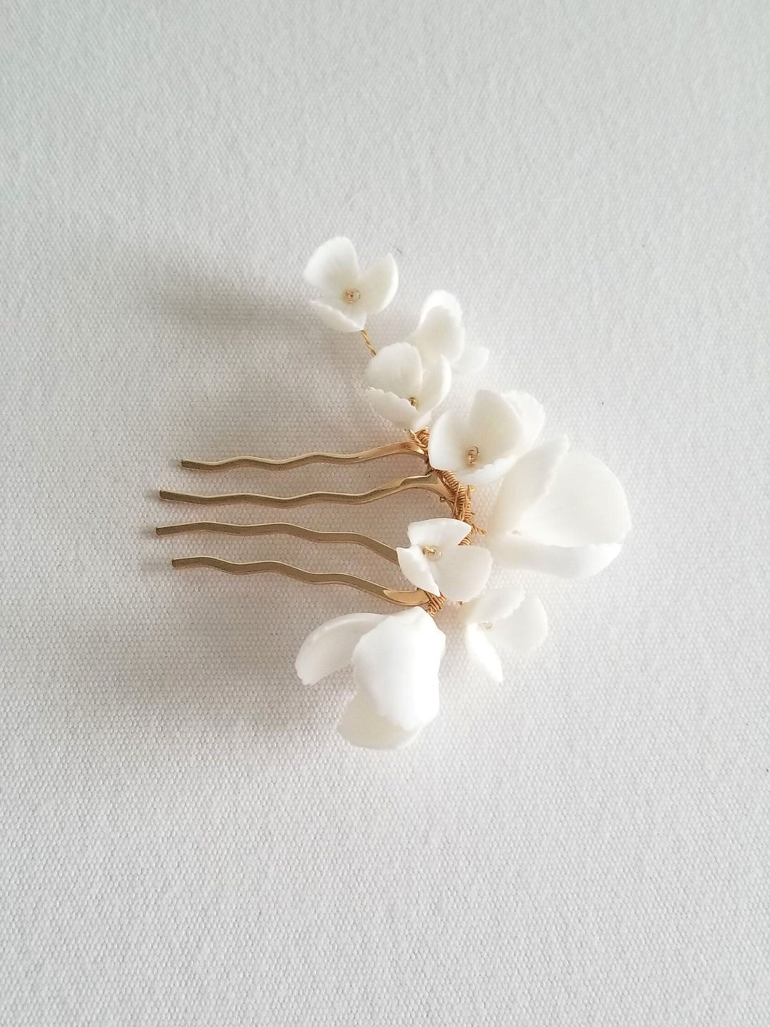 Porcelain Flower Bridal Hair Comb, Floral Wedding Hair Comb, White Clay Flower Hair Accessory For Bride - porcelain flowers, sead beads, wire, metal comb