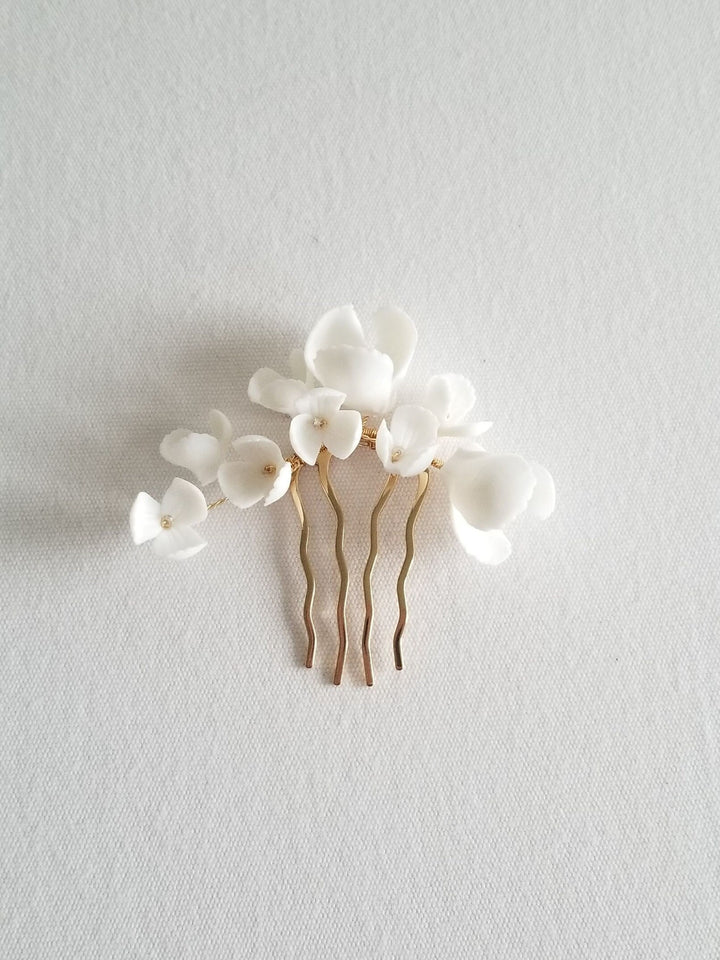 Porcelain Flower Bridal Hair Comb, Floral Wedding Hair Comb, White Clay Flower Hair Accessory For Bride - porcelain flowers, sead beads, wire, metal comb