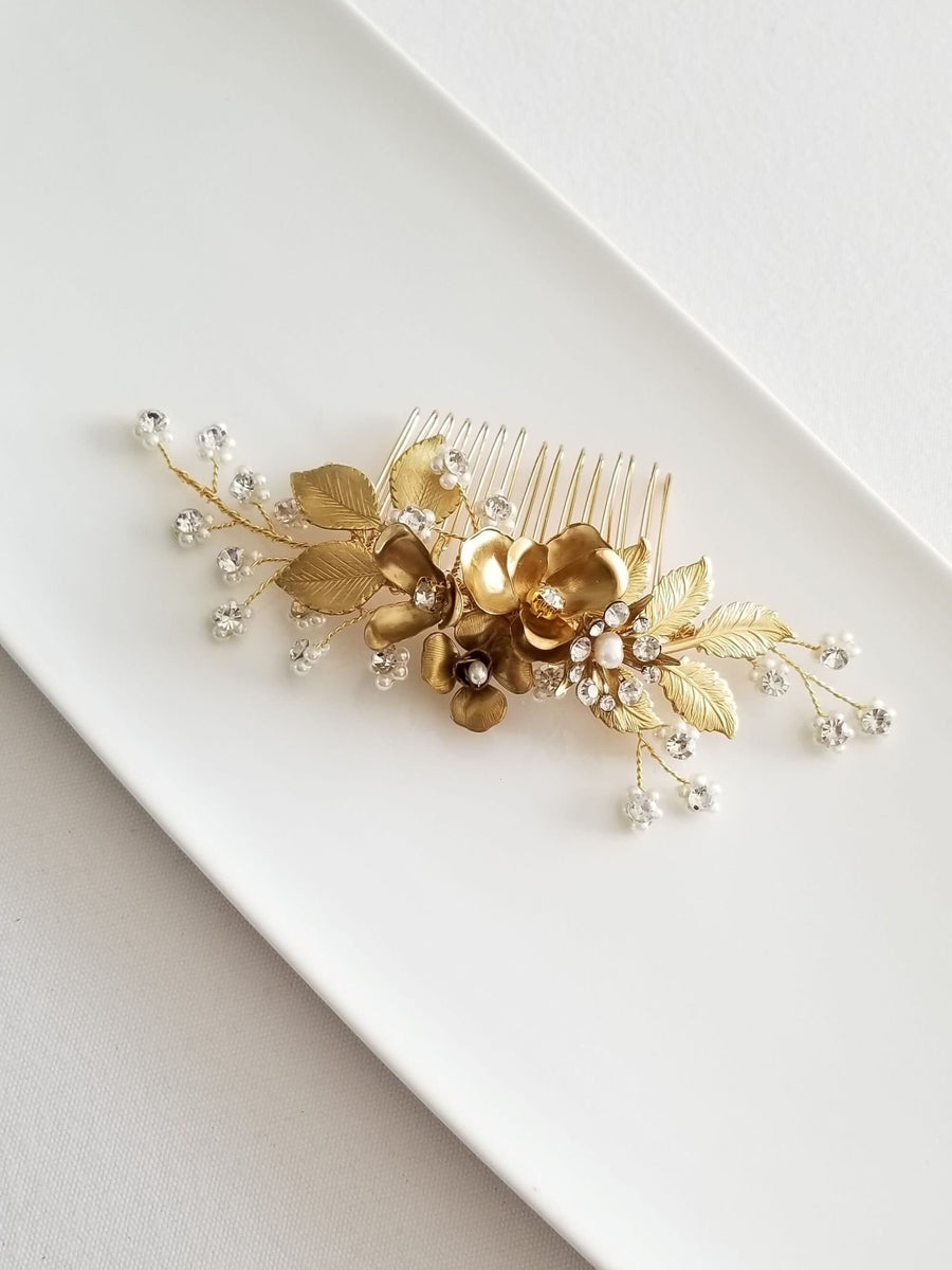 Gold Floral Bridal Hair Comb, Flower Pearl Wedding Hair Comb, Brass Flower and Leaves Hair Comb for Bride - freshwater pearls, wire, metal comb, faux pearls, rhinestones, brass flowers and leaves