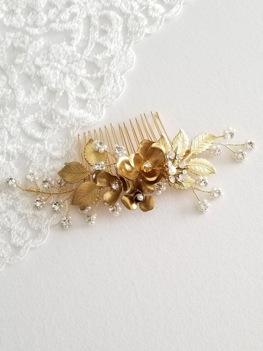 Gold Floral Bridal Hair Comb, Flower Pearl Wedding Hair Comb, Brass Flower and Leaves Hair Comb for Bride - freshwater pearls, wire, metal comb, faux pearls, rhinestones, brass flowers and leaves