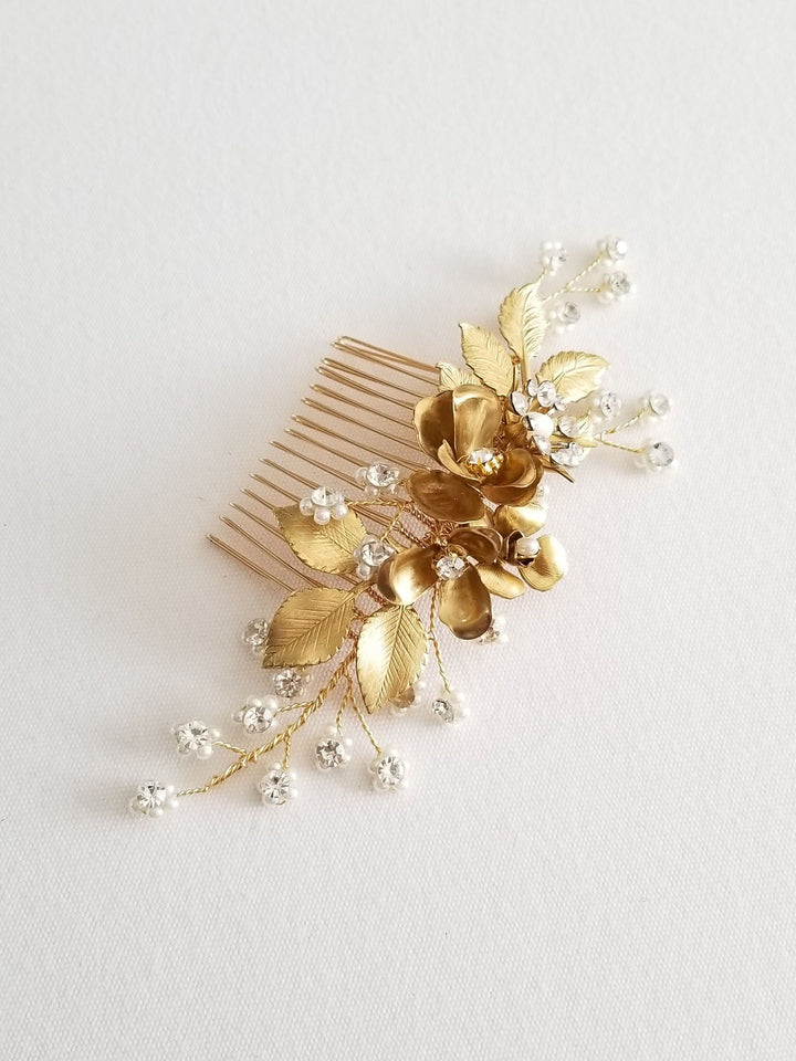 Gold Floral Bridal Hair Comb, Flower Pearl Wedding Hair Comb, Brass Flower and Leaves Hair Comb for Bride - freshwater pearls, wire, metal comb, faux pearls, rhinestones, brass flowers and leaves