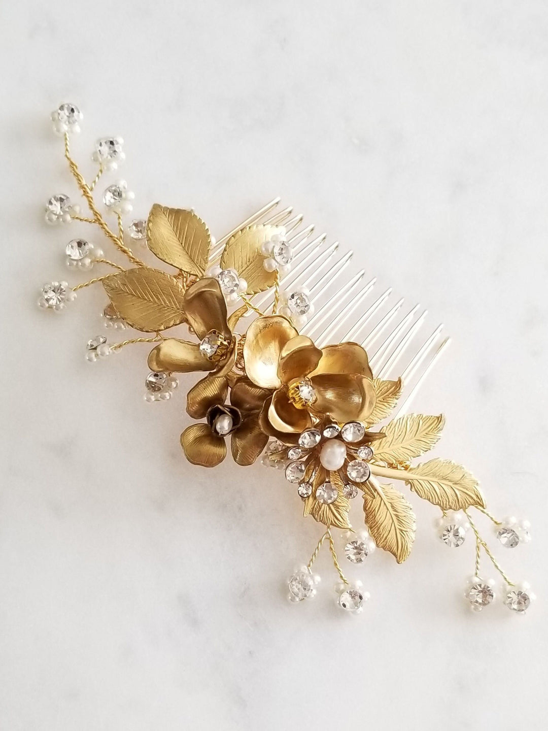 Gold Floral Bridal Hair Comb, Flower Pearl Wedding Hair Comb, Brass Flower and Leaves Hair Comb for Bride - freshwater pearls, wire, metal comb, faux pearls, rhinestones, brass flowers and leaves