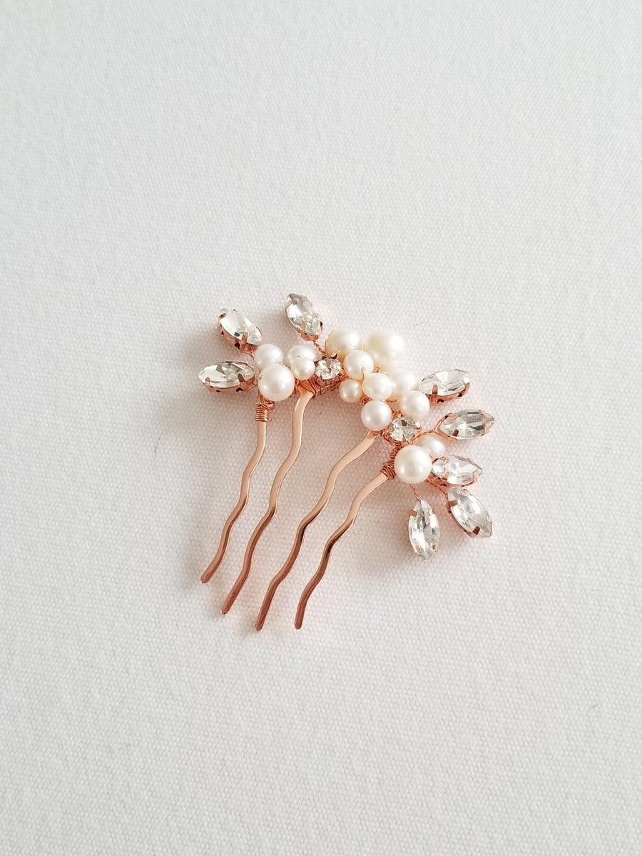 Freshwater Pearl Wedding Hair Comb, Small Pearl Crystal Bridal Hair Comb, Pearl Hair Comb for Bride - freshwater pearls, crystal rhinestones, wire, metal comb