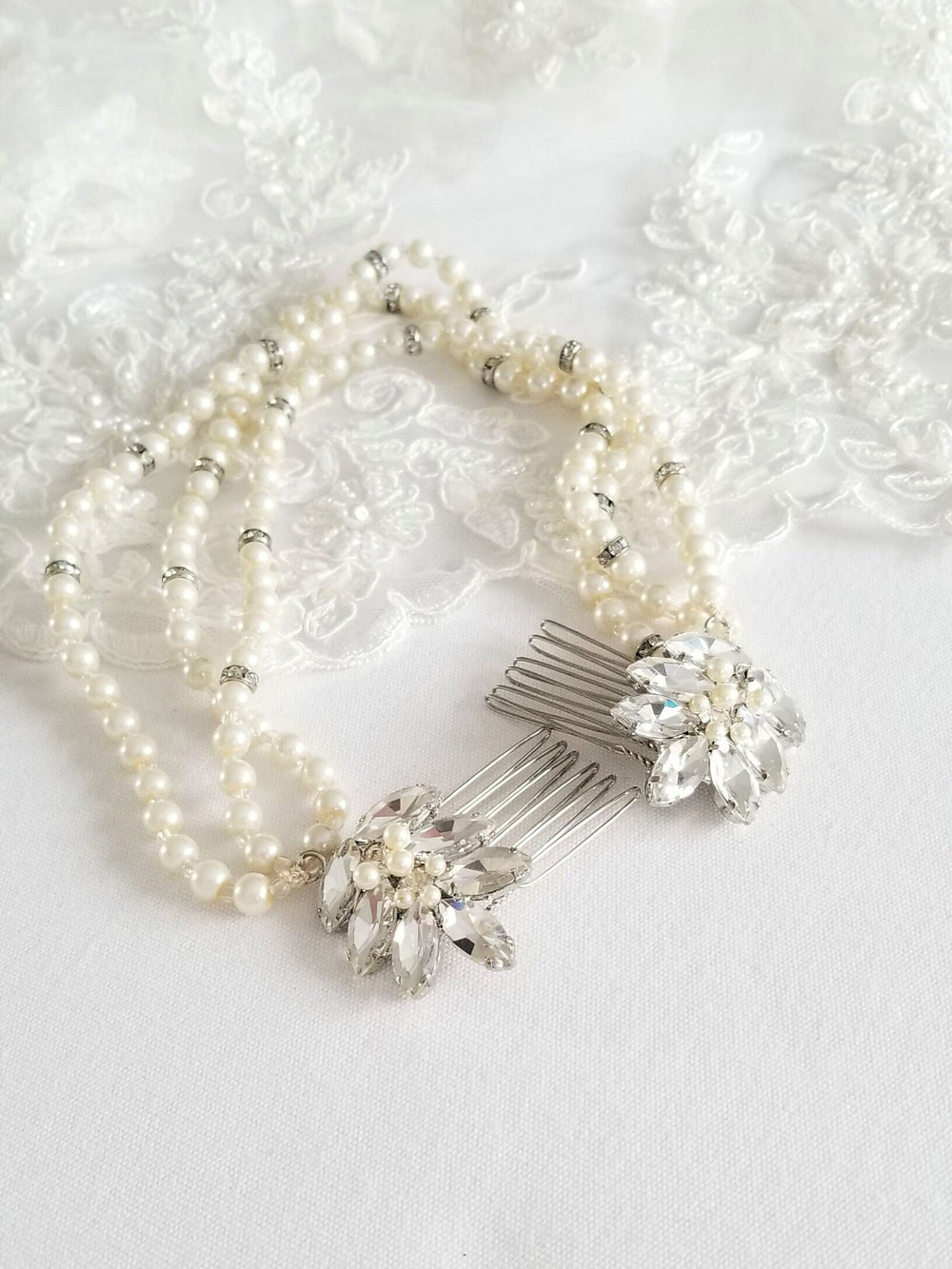 Bridal Pearl Headpiece, Three Strand Pearl Back Piece For Bride, Wedding Back Draped Headpiece, Pearl Hair Combs - rhinestones, pearls, crystal rondelles, metal alligator clips, metal combs, thread