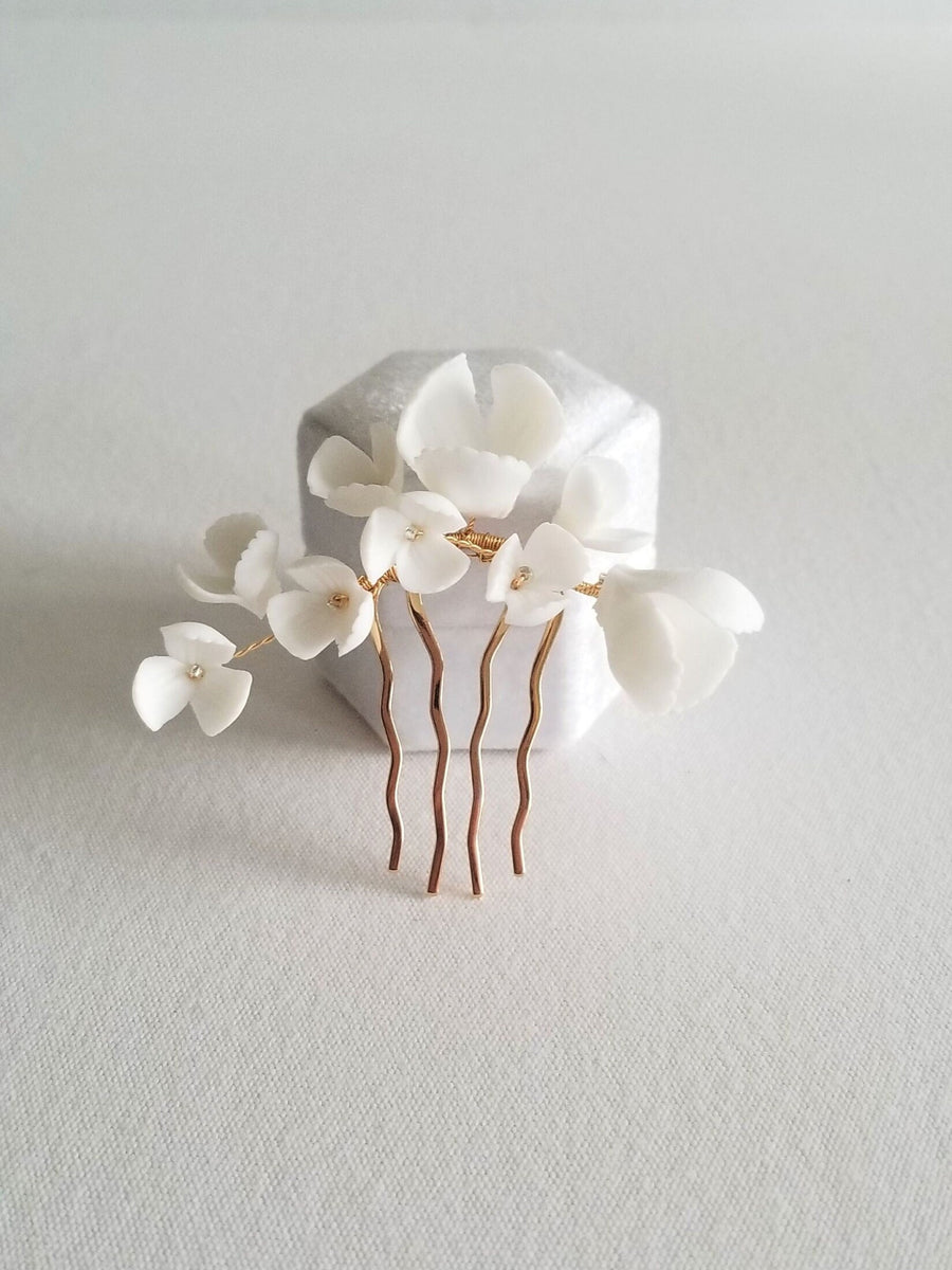 Porcelain Flower Bridal Hair Comb, Floral Wedding Hair Comb, White Clay Flower Hair Accessory For Bride - porcelain flowers, sead beads, wire, metal comb