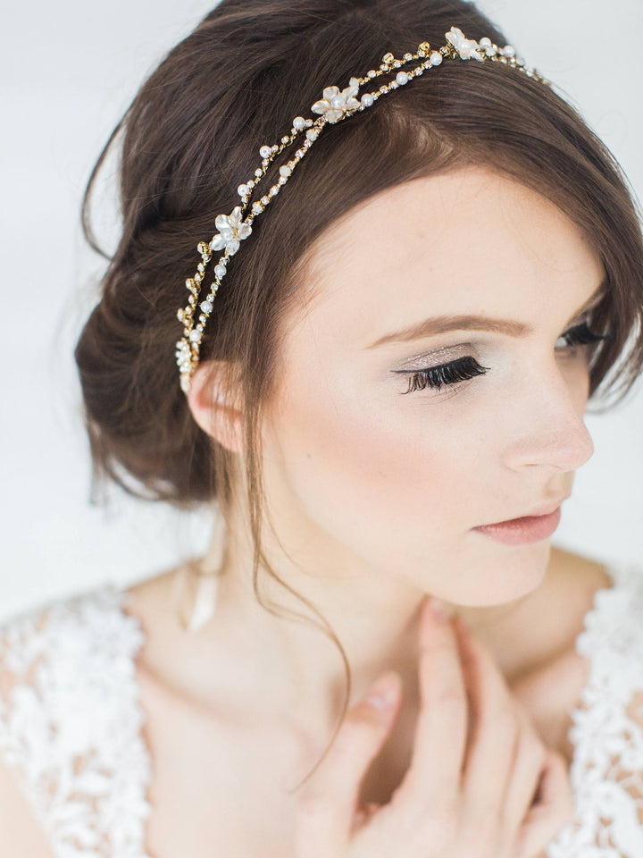 Gold Wedding Hair Vine, Bridal Boho Headpiece, Floral Bridal Hairpiece, Pearl Crystal Hair Vine, Gold Wedding Hairpiece for Bride - wire, crystal rhinestones, double sided ribbon, faux pearls, metal flowers