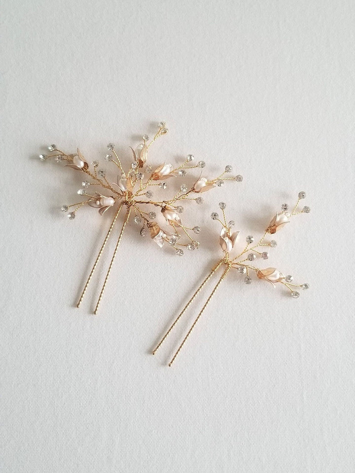 Pearl Wedding Hair Pins, Gold Pearl Blossom Bridal Hair Pins, Bohemian Crystal Freshwater Pearl Hair Pins For Bride - rhinestones, freshwater pearls, wire, metal flowers, metal hair pin