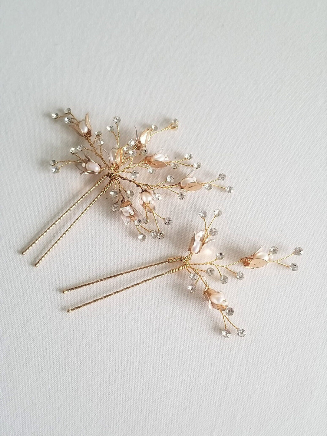 Pearl Wedding Hair Pins, Gold Pearl Blossom Bridal Hair Pins, Bohemian Crystal Freshwater Pearl Hair Pins For Bride - rhinestones, freshwater pearls, wire, metal flowers, metal hair pin