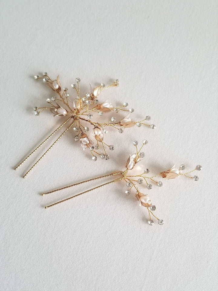 Pearl Wedding Hair Pins, Gold Pearl Blossom Bridal Hair Pins, Bohemian Crystal Freshwater Pearl Hair Pins For Bride - rhinestones, freshwater pearls, wire, metal flowers, metal hair pin