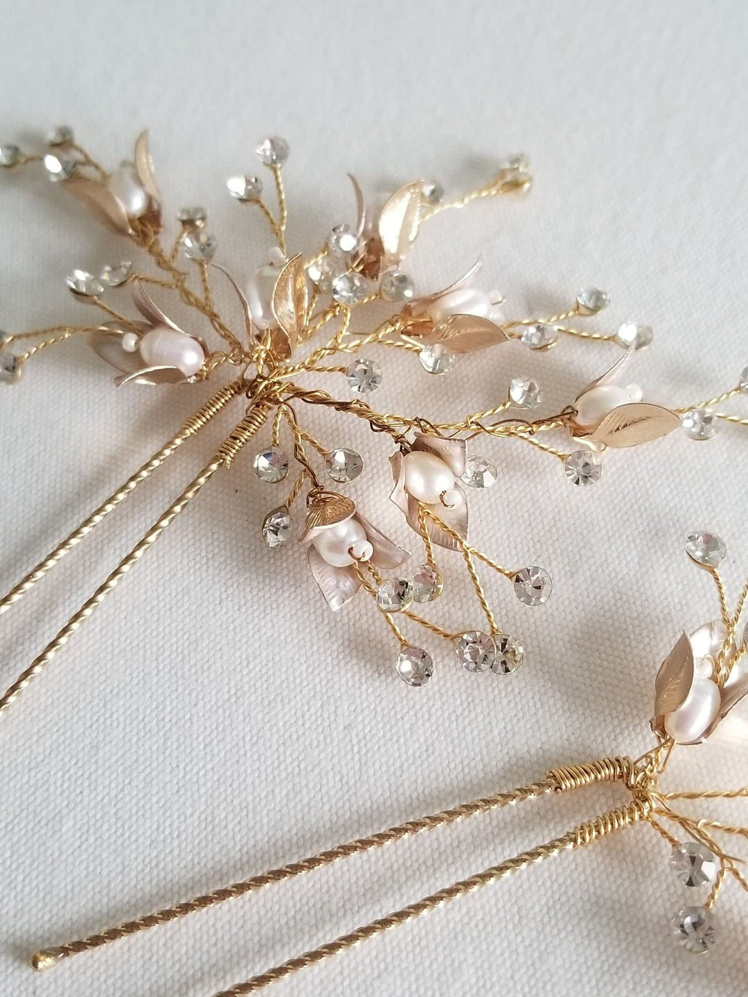 Pearl Wedding Hair Pins, Gold Pearl Blossom Bridal Hair Pins, Bohemian Crystal Freshwater Pearl Hair Pins For Bride - rhinestones, freshwater pearls, wire, metal flowers, metal hair pin