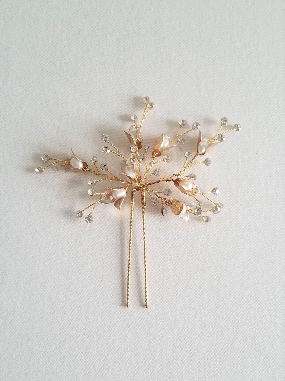 Pearl Wedding Hair Pins, Gold Pearl Blossom Bridal Hair Pins, Bohemian Crystal Freshwater Pearl Hair Pins For Bride - rhinestones, freshwater pearls, wire, metal flowers, metal hair pin