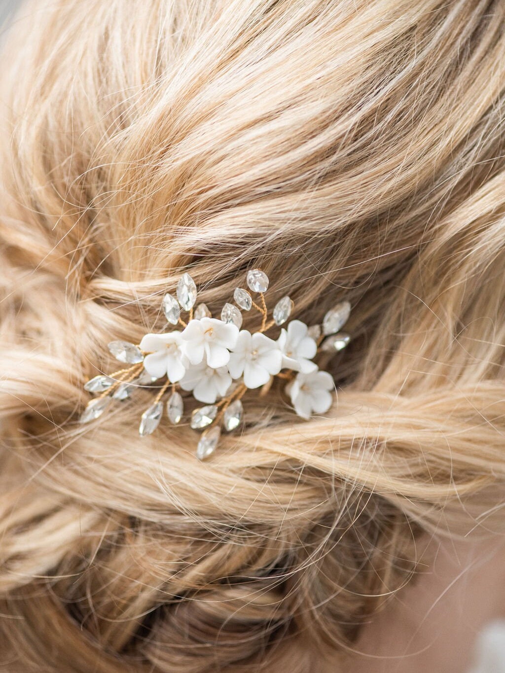 Gold Wedding Hair Clip Porcelain Flowers, Small Silver Floral Wedding Hair Clip, Clay Flower Bridal Hair Clip - seed beads, wire, porcelain flowers, rhinestones, metal hair clip