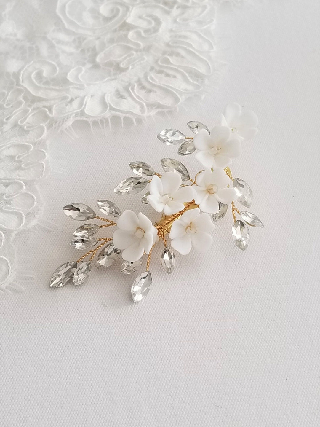 Gold Wedding Hair Clip Porcelain Flowers, Small Silver Floral Wedding Hair Clip, Clay Flower Bridal Hair Clip - seed beads, wire, porcelain flowers, rhinestones, metal hair clip