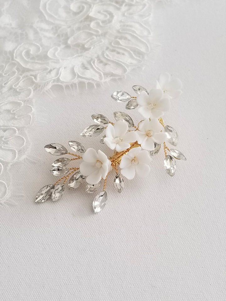 Gold Wedding Hair Clip Porcelain Flowers, Small Silver Floral Wedding Hair Clip, Clay Flower Bridal Hair Clip - seed beads, wire, porcelain flowers, rhinestones, metal hair clip