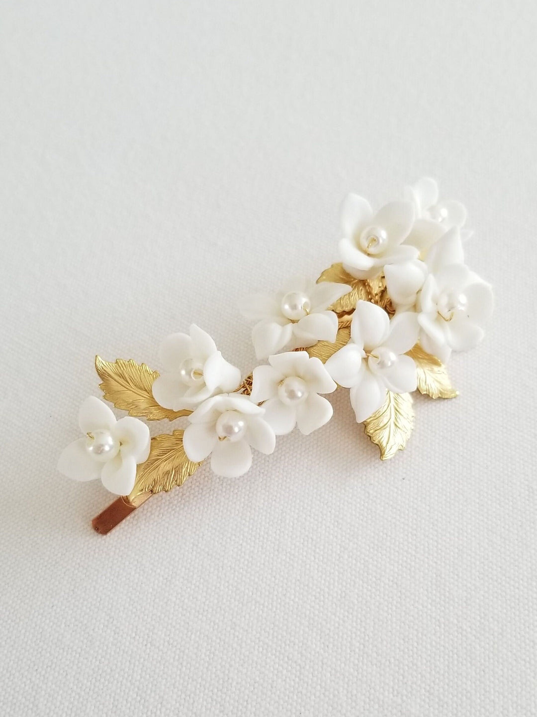 Floral Wedding Hair Clip, Bridal Hair Clip for Bride, Porcelian Flower Pearl Crystal Hairpiece - metal leaves, faux pearls, wire, porcelain flowers, metal hair clip