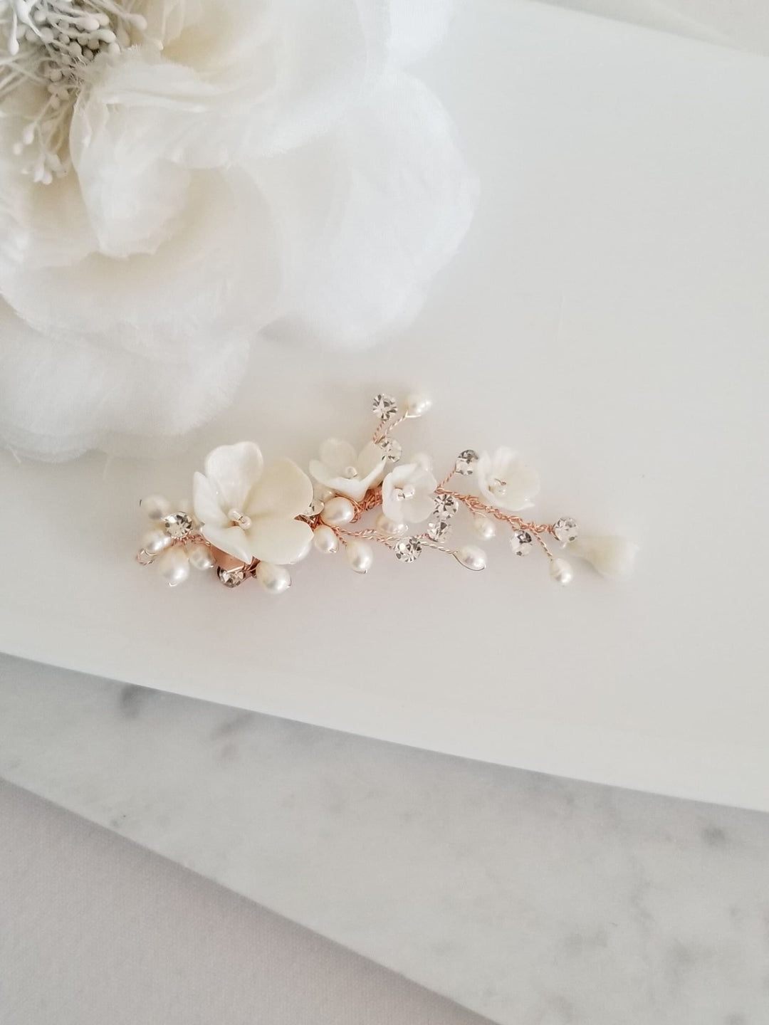 Wedding Pearl Side Hair Clip, Floral Bridal Hair Clip, Polymer Clay Flower Clip For Bride, Boho Bridal Hair Accessory - wire, seed beads, polymer clay flowers, metal alligator clip, freshwater pearls, rhinestones