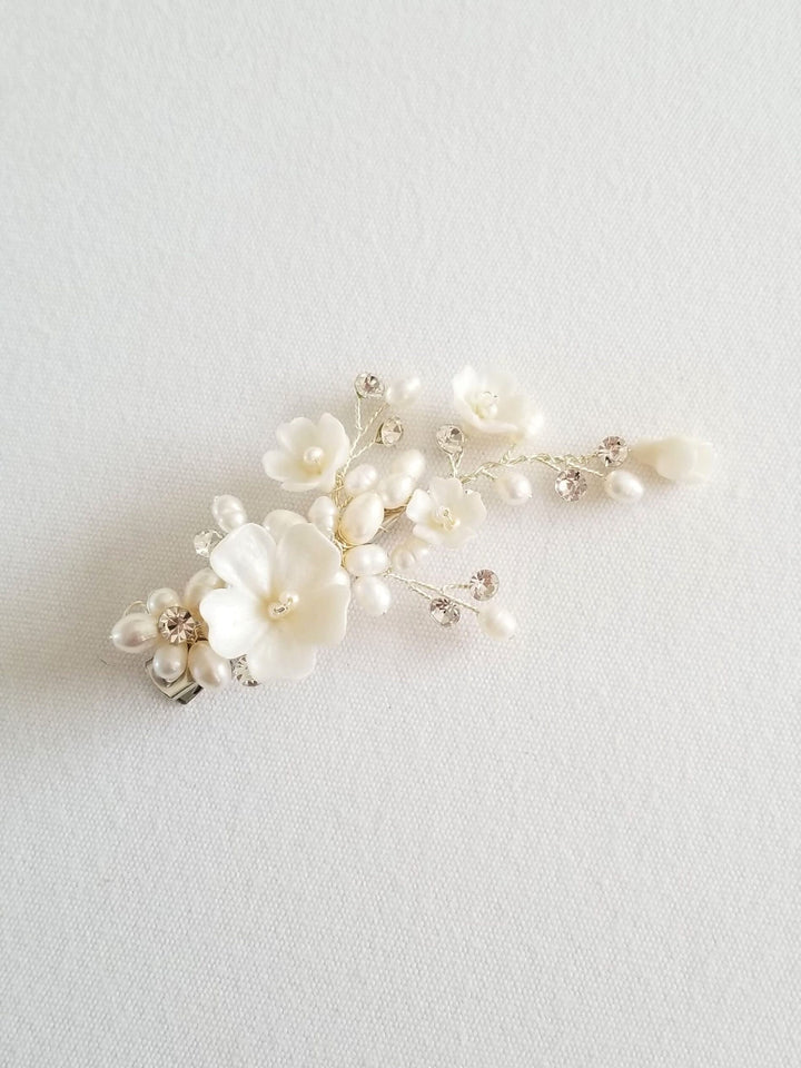 Wedding Pearl Side Hair Clip, Floral Bridal Hair Clip, Polymer Clay Flower Clip For Bride, Boho Bridal Hair Accessory - wire, seed beads, polymer clay flowers, metal alligator clip, freshwater pearls, rhinestones