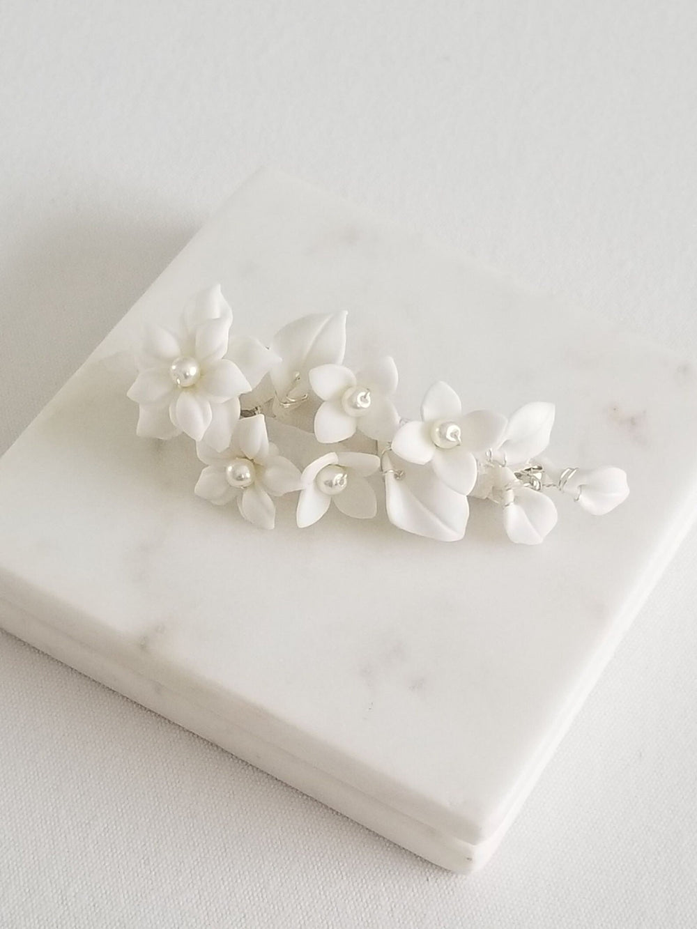 Wedding Hair Clip Porcelain Flowers, Small Floral Wedding Hair Barrette, Clay Flower Bridal Hair Clip - wire, porcelain flowers, imitation pearls, french barrette, ribbon