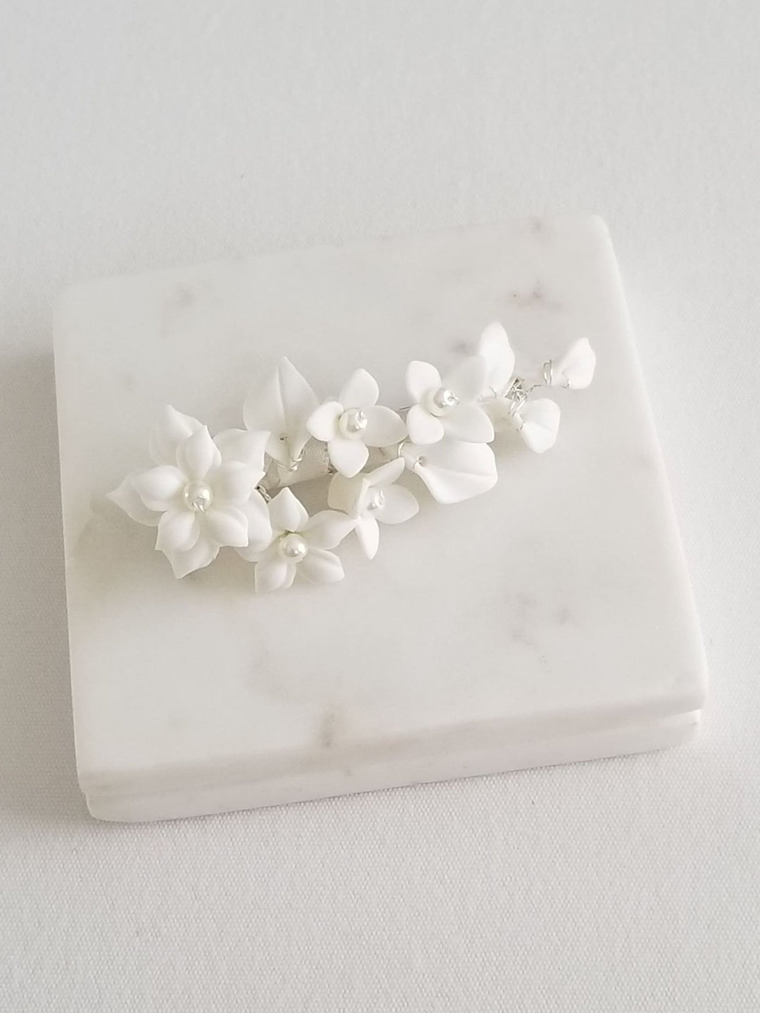 Wedding Hair Clip Porcelain Flowers, Small Floral Wedding Hair Barrette, Clay Flower Bridal Hair Clip - wire, porcelain flowers, imitation pearls, french barrette, ribbon