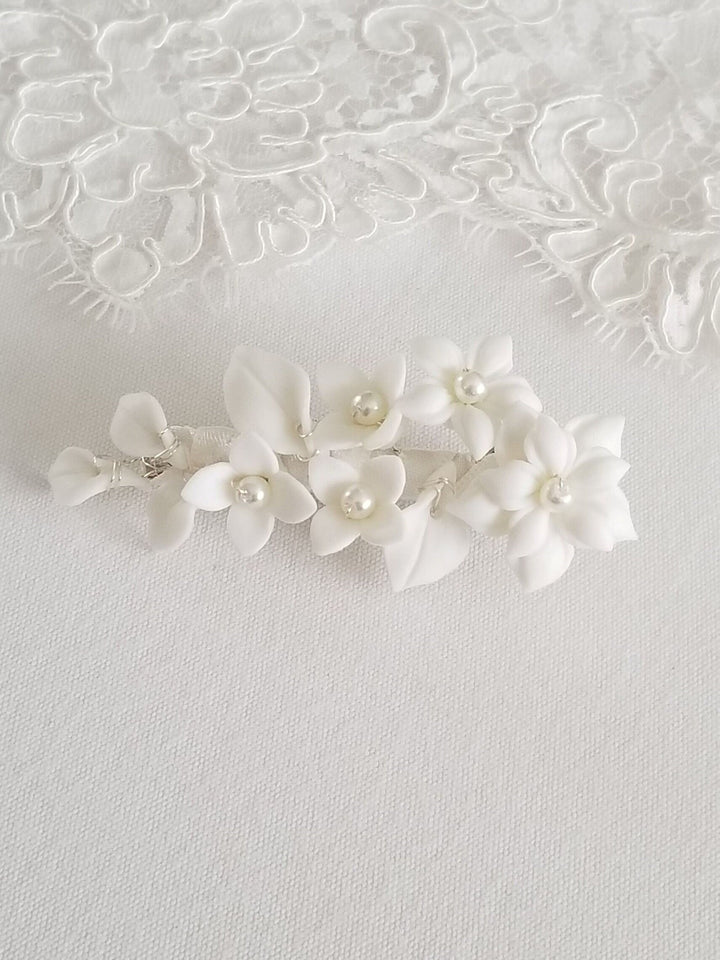 Wedding Hair Clip Porcelain Flowers, Small Floral Wedding Hair Barrette, Clay Flower Bridal Hair Clip - wire, porcelain flowers, imitation pearls, french barrette, ribbon