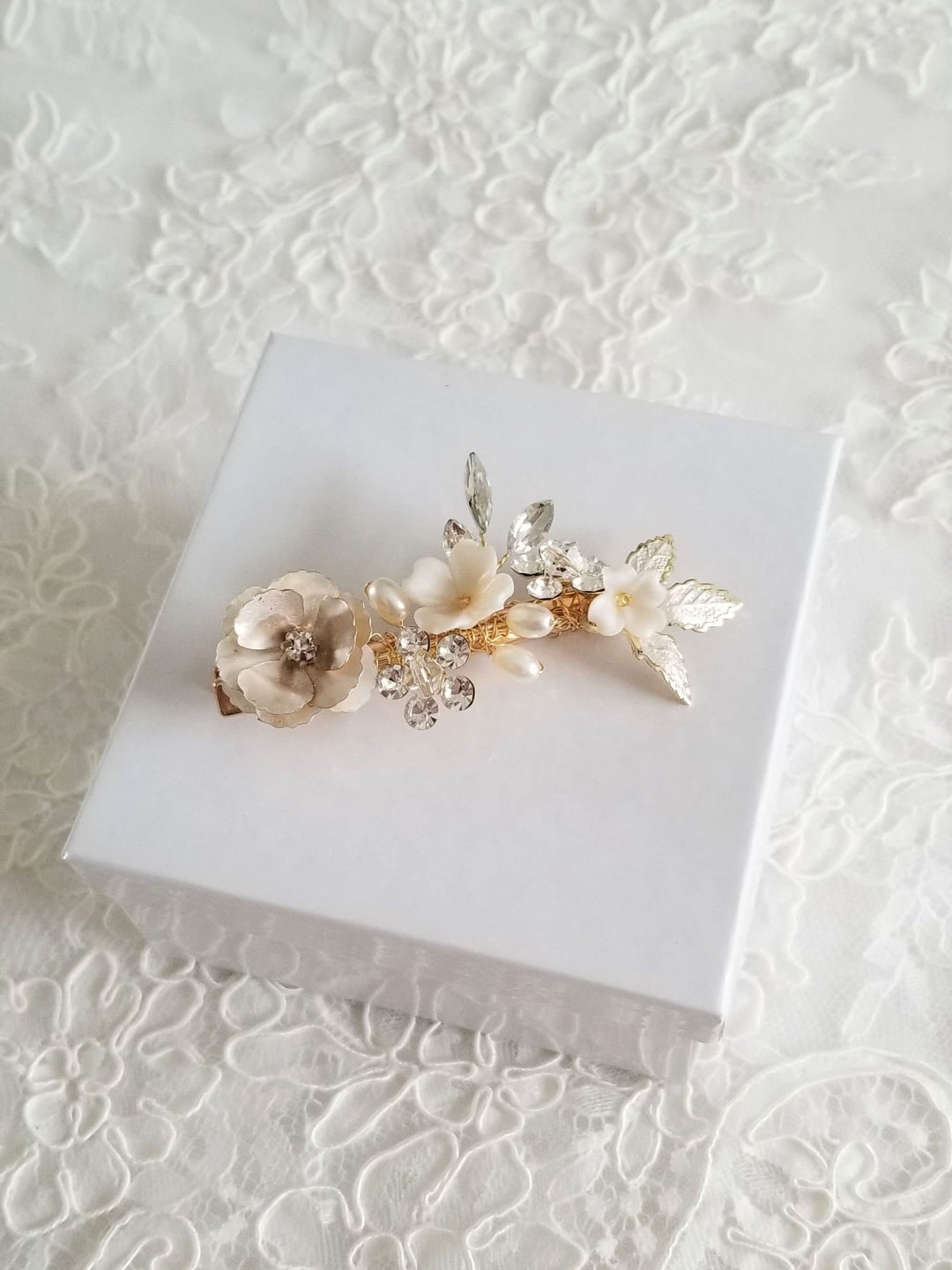 Floral Wedding Hair Clip, Bridal Hair Clip for Bride, Gold Flower Pearl Crystal Hairpiece - rhinestones, crystals, metal leaves, metal flower, faux pearls, wire, alligator clip, polymer flowers