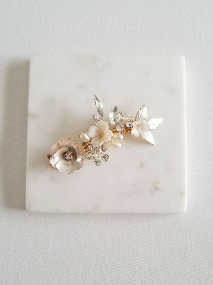 Floral Wedding Hair Clip, Bridal Hair Clip for Bride, Gold Flower Pearl Crystal Hairpiece - rhinestones, crystals, metal leaves, metal flower, faux pearls, wire, alligator clip, polymer flowers