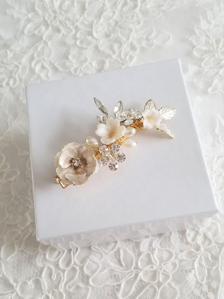 Floral Wedding Hair Clip, Bridal Hair Clip for Bride, Gold Flower Pearl Crystal Hairpiece - rhinestones, crystals, metal leaves, metal flower, faux pearls, wire, alligator clip, polymer flowers