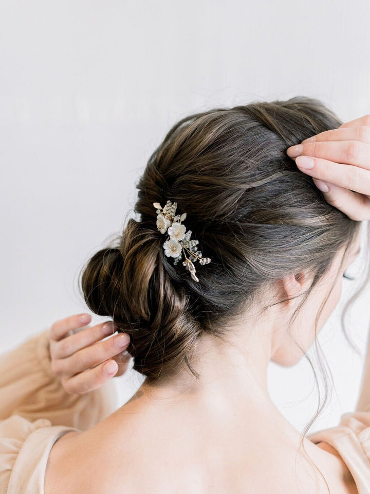 Wedding Hair Clip with Porcelain Flowers, Small Gold Floral Hair Clip for Bride, Crystal Clay Flower Bridal Hairpiece - clay flowers, seed beads, metal leaves, wire, crystals, rhinestones, alligator clip