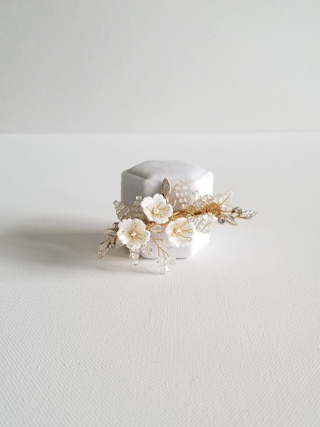 Wedding Hair Clip with Porcelain Flowers, Small Gold Floral Hair Clip for Bride, Crystal Clay Flower Bridal Hairpiece - clay flowers, seed beads, metal leaves, wire, crystals, rhinestones, alligator clip