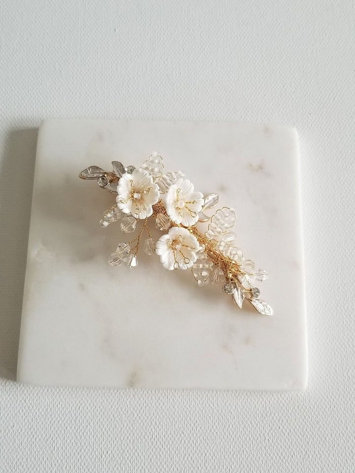 Wedding Hair Clip with Porcelain Flowers, Small Gold Floral Hair Clip for Bride, Crystal Clay Flower Bridal Hairpiece - clay flowers, seed beads, metal leaves, wire, crystals, rhinestones, alligator clip