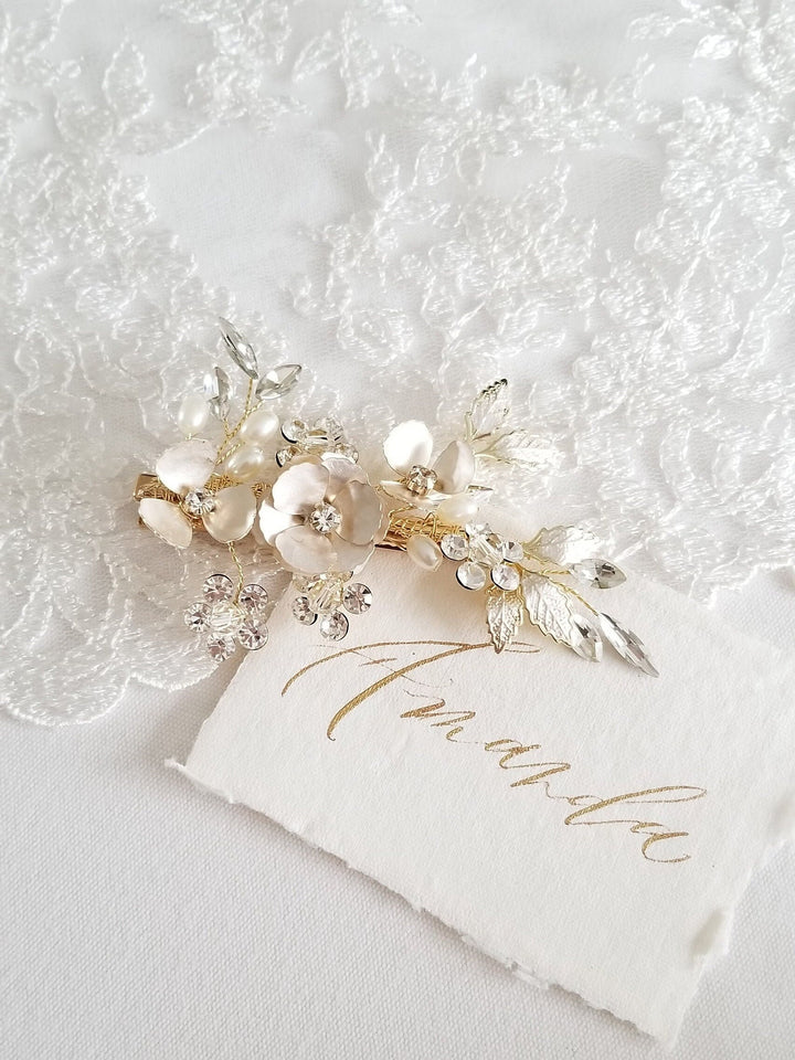 Floral Wedding Hair Clip, Bridal Hair Clip for Bride, Gold Flower Pearl Crystal Hairpiece - rhinestones, crystals, metal leaves, metal flower, faux pearls, wire, alligator clip