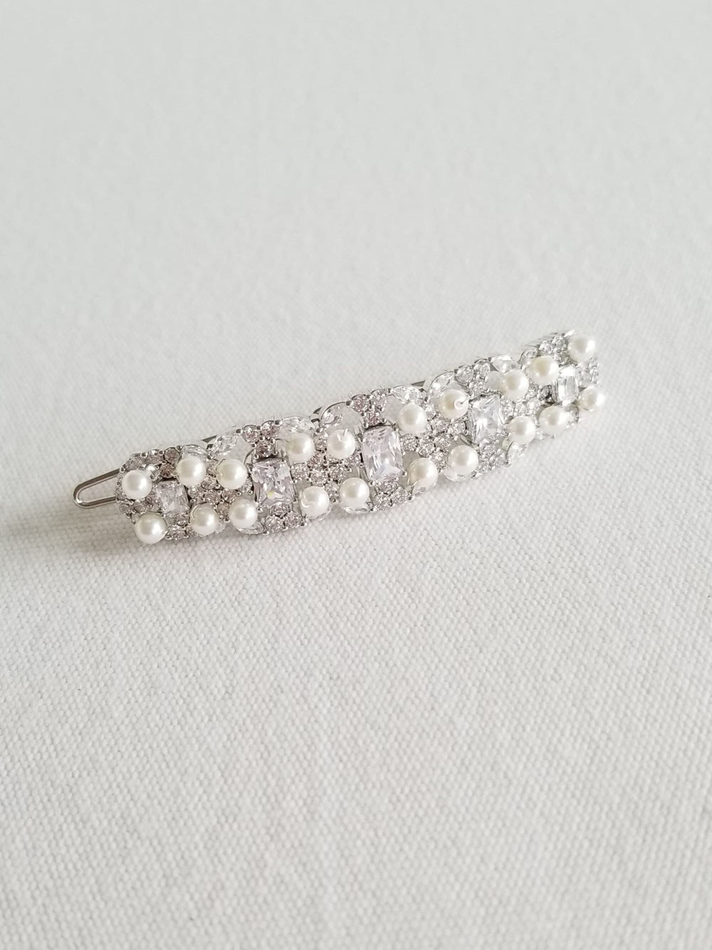 Wedding Hair Clip Pearl, Wedding Hair Barrette, Cubic Zirconia Pearl Bridal Hair Clip, Small Hair Accessory for Bride, Wedding CZ Clip - silver toned components, wire, cubic zirconias, shell pearls