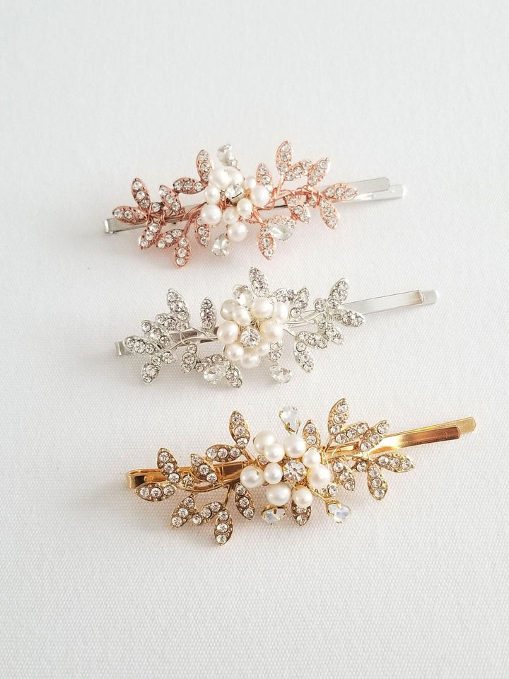 Bridal Hair Clip, Pearl Crystal Wedding Hair Pin, Rhinestone Pearl Hair Clips, Hair Clips For Bride - rhinestones, bobby pin, wire, freshwater pearls, metal leaves