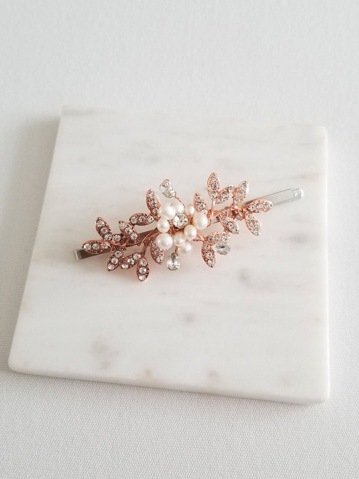 Bridal Hair Clip, Pearl Crystal Wedding Hair Pin, Rhinestone Pearl Hair Clips, Hair Clips For Bride - rhinestones, bobby pin, wire, freshwater pearls, metal leaves