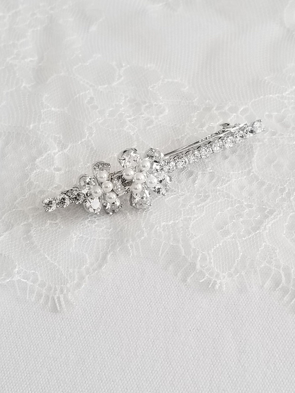 Bridal Hair Clip With Cubic Zirconias And Tiny Pearls, Barrette Style Side Hair Clip For The Bride - cubic zirconias, shell pearls, wire, french clip