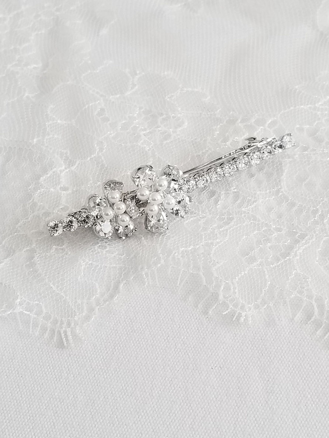 Bridal Hair Clip With Cubic Zirconias And Tiny Pearls, Barrette Style Side Hair Clip For The Bride - cubic zirconias, shell pearls, wire, french clip