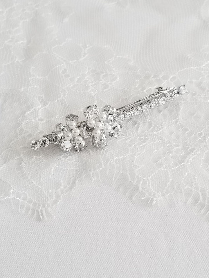 Bridal Hair Clip With Cubic Zirconias And Tiny Pearls, Barrette Style Side Hair Clip For The Bride - cubic zirconias, shell pearls, wire, french clip