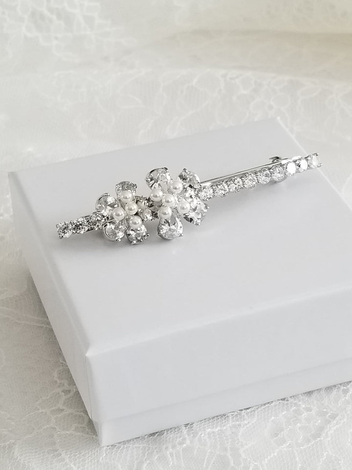 Bridal Hair Clip With Cubic Zirconias And Tiny Pearls, Barrette Style Side Hair Clip For The Bride - cubic zirconias, shell pearls, wire, french clip