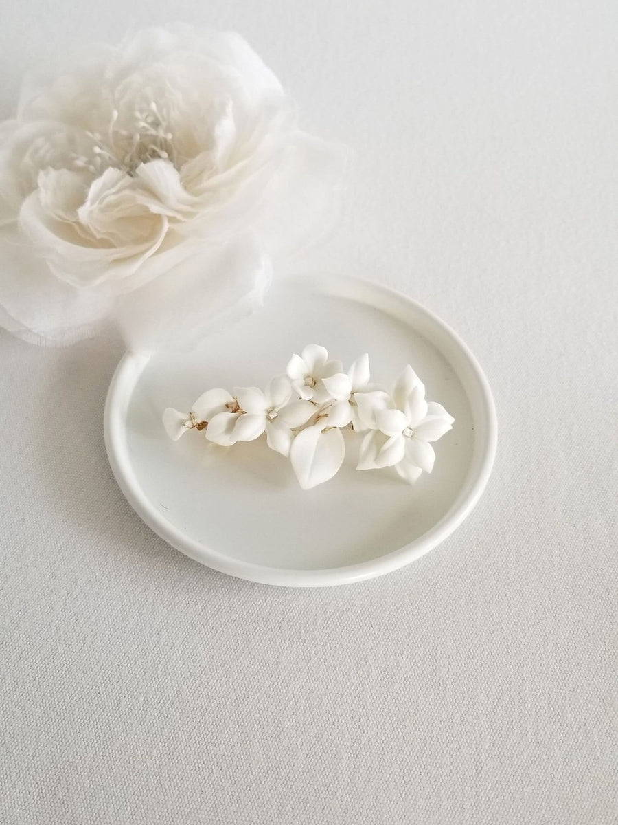 Wedding Hair Clip Porcelain Flowers, Small Floral Wedding Hair Barrette, Clay Flower Bridal Hair Clip - wire, porcelain flowers, french barrette, ribbon, seed beads