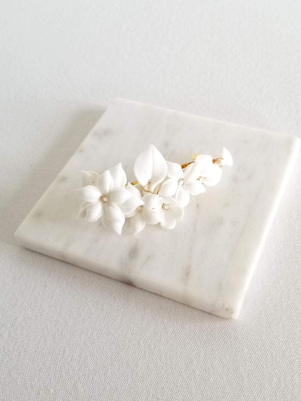 Wedding Hair Clip Porcelain Flowers, Small Floral Wedding Hair Barrette, Clay Flower Bridal Hair Clip - wire, porcelain flowers, french barrette, ribbon, seed beads