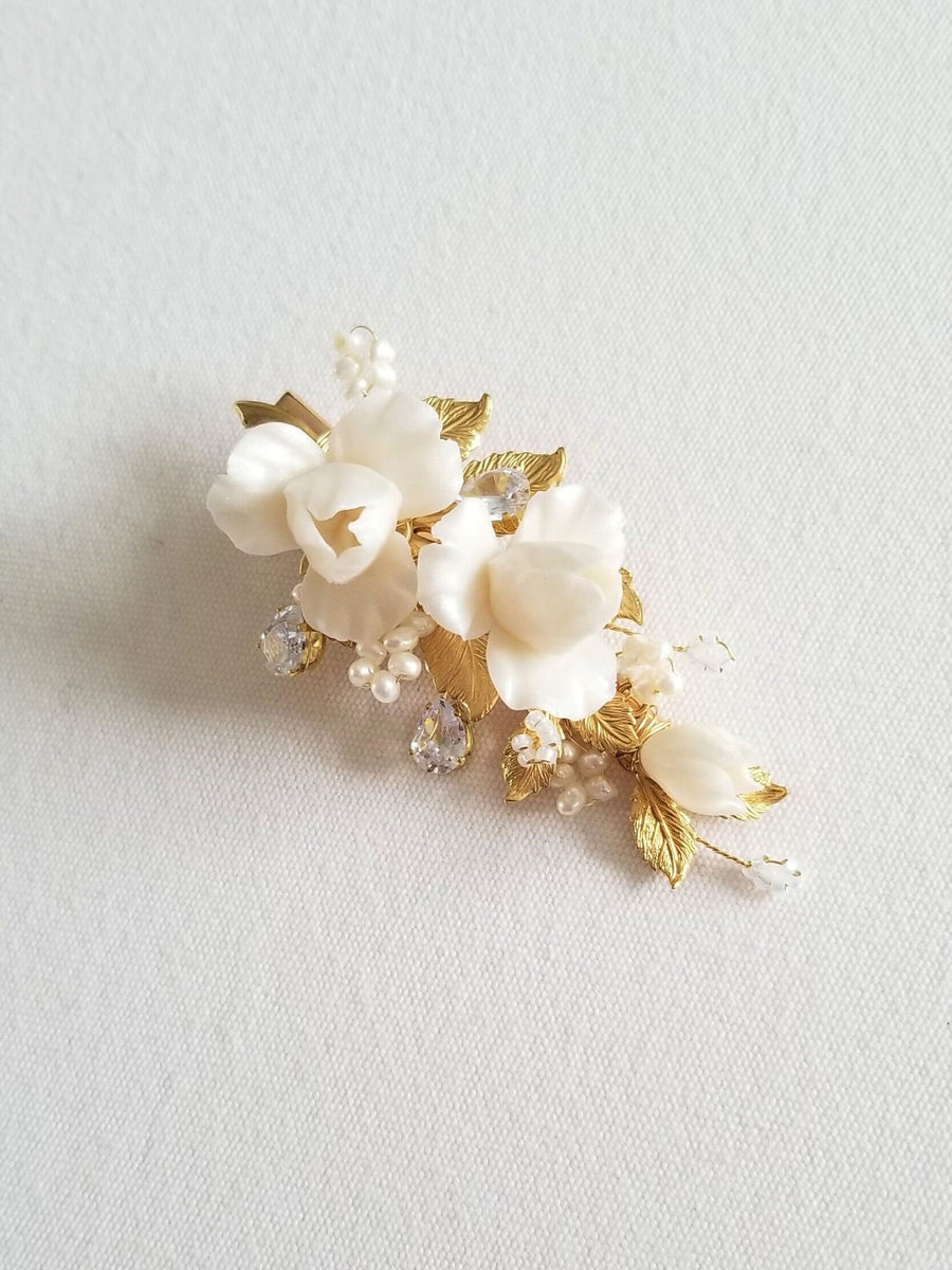 Wedding Hair Clip, Floral Bridal hair Clip, Clay Flower Clip For Bride, Boho Bridal Hair Accessory - metal hoops, wire, ear wires, cubic zirconia, seed beads, polymer clay flowers, metal leaves, metal alligator clip, freshwater pearls