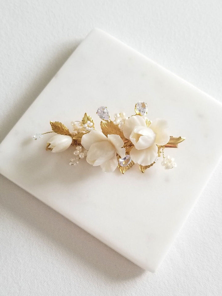 Wedding Hair Clip, Floral Bridal hair Clip, Clay Flower Clip For Bride, Boho Bridal Hair Accessory - metal hoops, wire, ear wires, cubic zirconia, seed beads, polymer clay flowers, metal leaves, metal alligator clip, freshwater pearls