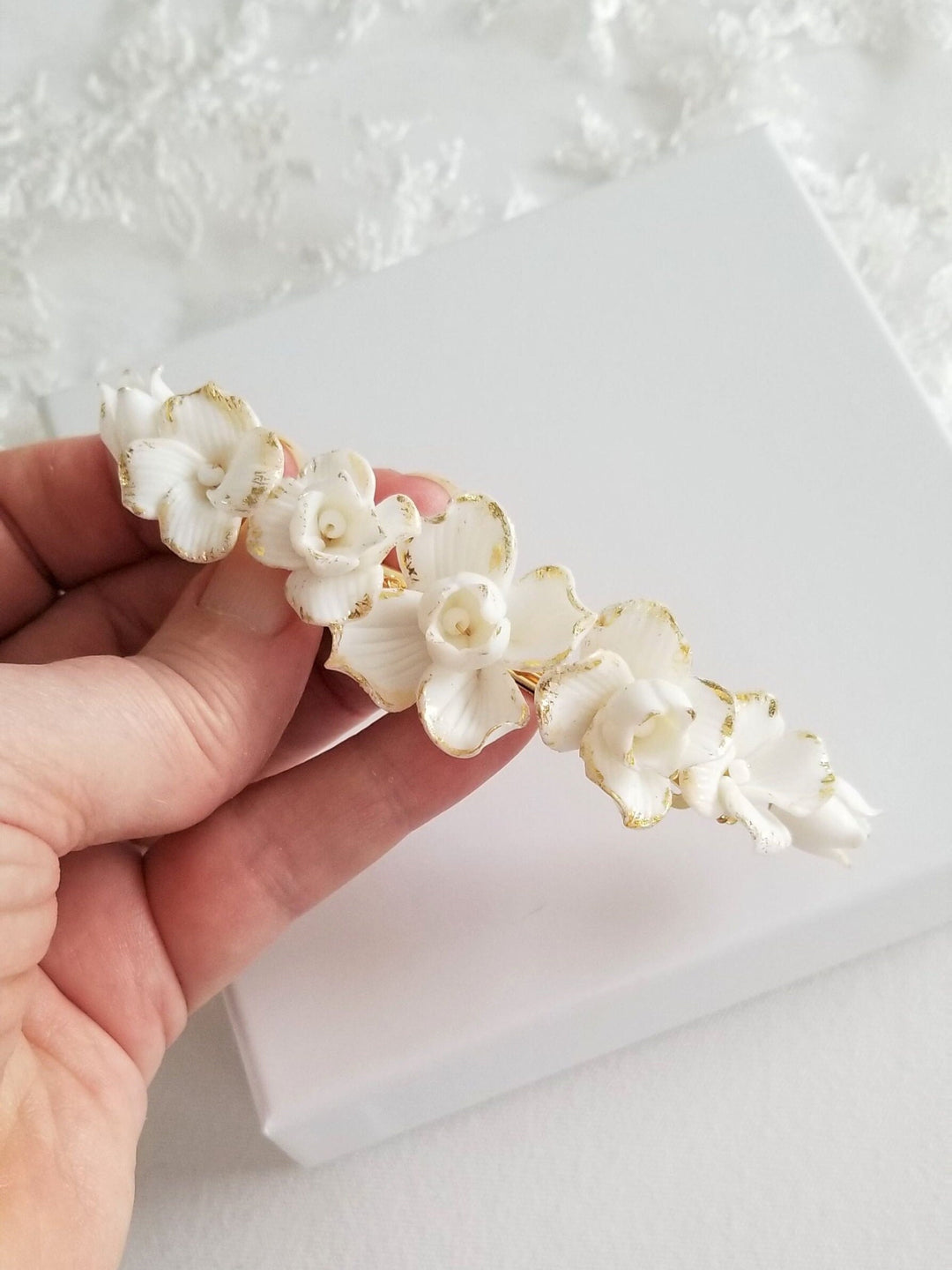 Wedding Hair Clip Porcelain Flowers, Gold Floral Wedding Hair Barrette, Clay Flower Bridal Hair Clip - wire, porcelain flowers, french barrette, gold foil