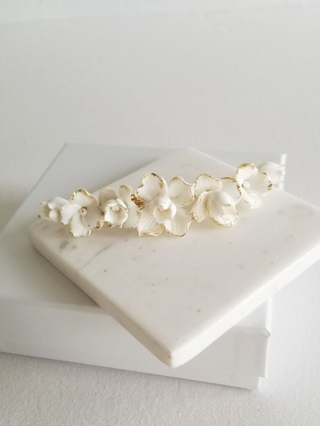 Wedding Hair Clip Porcelain Flowers, Gold Floral Wedding Hair Barrette, Clay Flower Bridal Hair Clip - wire, porcelain flowers, french barrette, gold foil