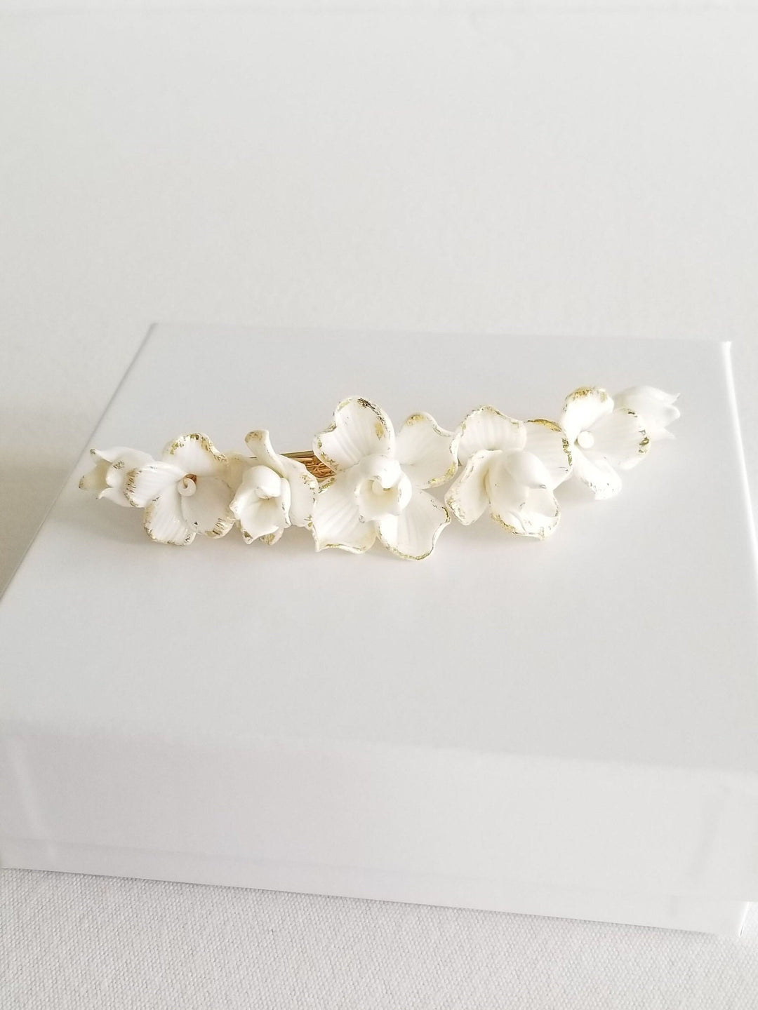 Wedding Hair Clip Porcelain Flowers, Gold Floral Wedding Hair Barrette, Clay Flower Bridal Hair Clip - wire, porcelain flowers, french barrette, gold foil