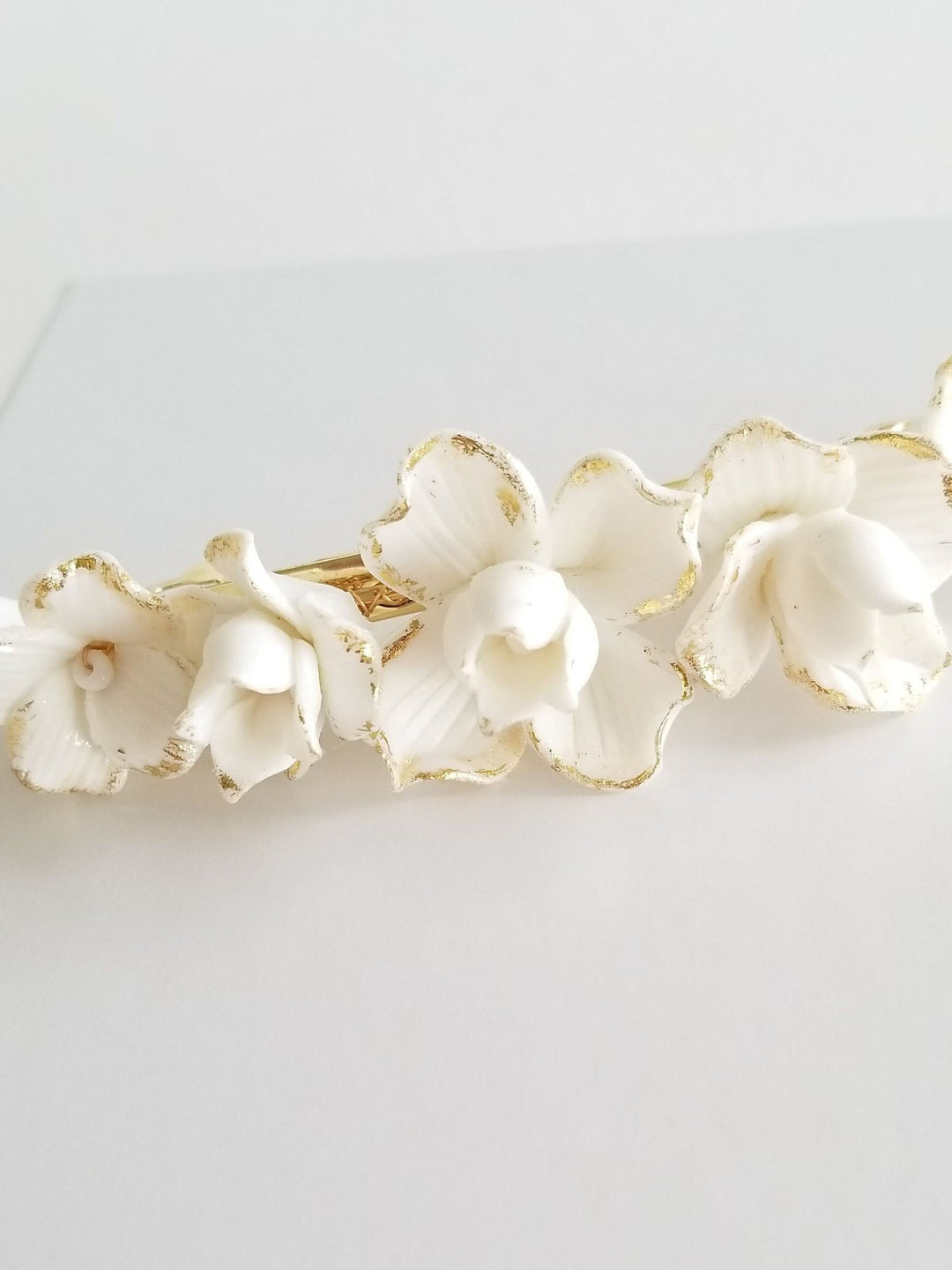 Wedding Hair Clip Porcelain Flowers, Gold Floral Wedding Hair Barrette, Clay Flower Bridal Hair Clip - wire, porcelain flowers, french barrette, gold foil