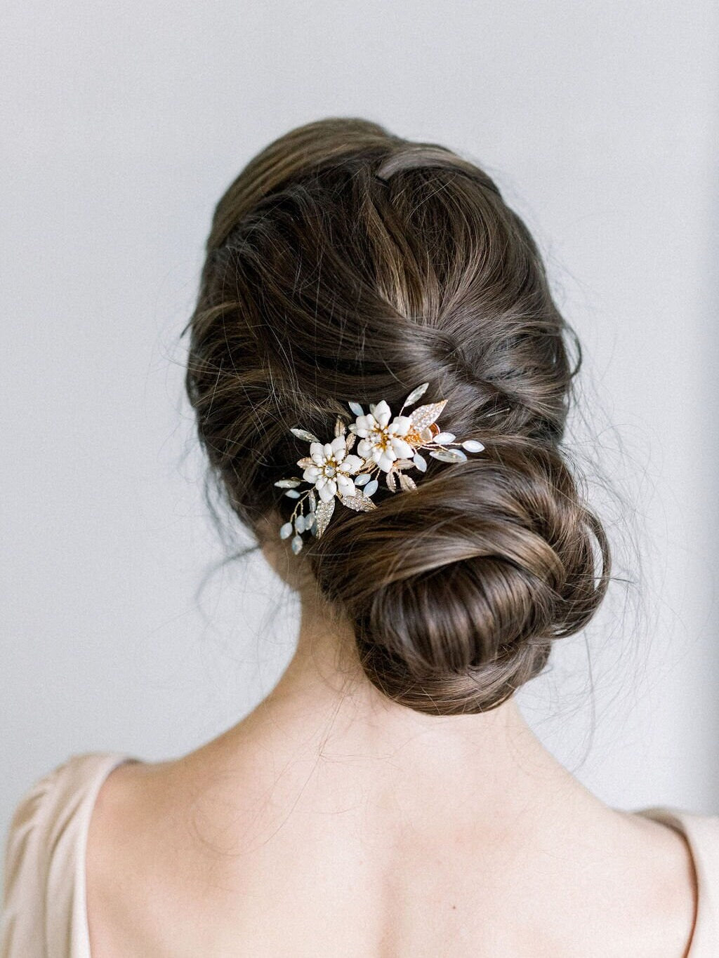 Gold Floral Wedding Hair Clip, Wedding Headpiece for Bride, Crystal Flower Bridal Hair Clip - metal leaves, wire, crystals, rhinestones, metal enameled flowers, metal clip