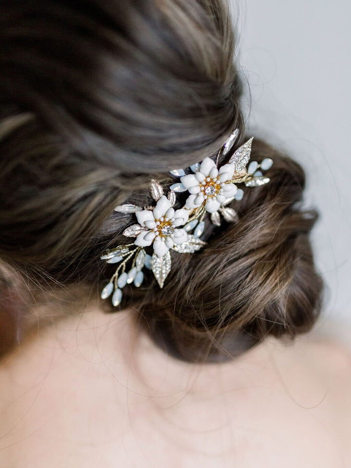 Gold Floral Wedding Hair Clip, Wedding Headpiece for Bride, Crystal Flower Bridal Hair Clip - metal leaves, wire, crystals, rhinestones, metal enameled flowers, metal clip