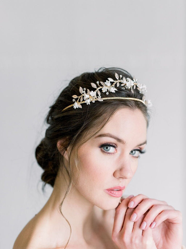 BoHo Gold Floral Tiara For Bride, Gold Wedding Headpiece With Porcelain Flowers and Freshwater Pearls - gold wire, head band, clay flowers, rhinestones, metal leaves, freshwater pearls